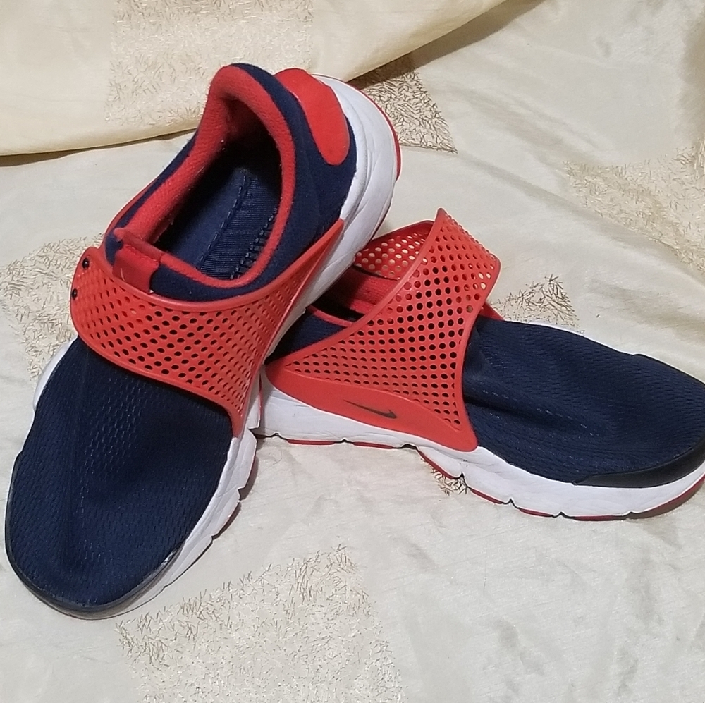 red and blue cloth nike sneakers